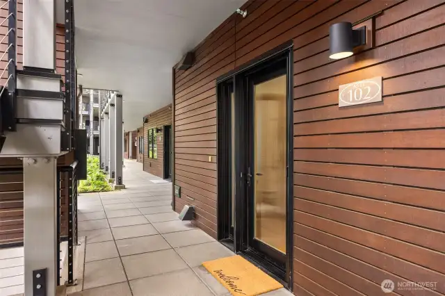 Welcome to the Asti Building, where unit A102’s private front door can be found on the ground floor, accessible by foot or elevator with no stairs.