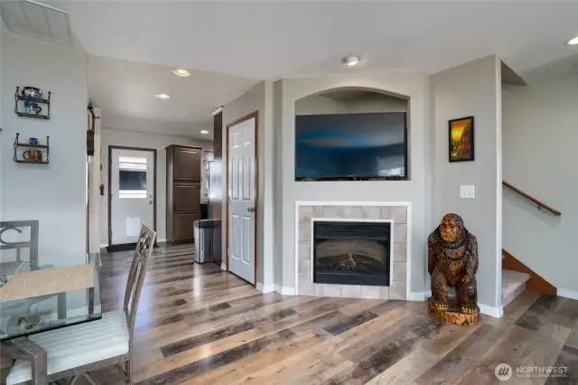 Electric fireplace and TV nook above. Perfect spot to tuck away those modems, routers and electronics!