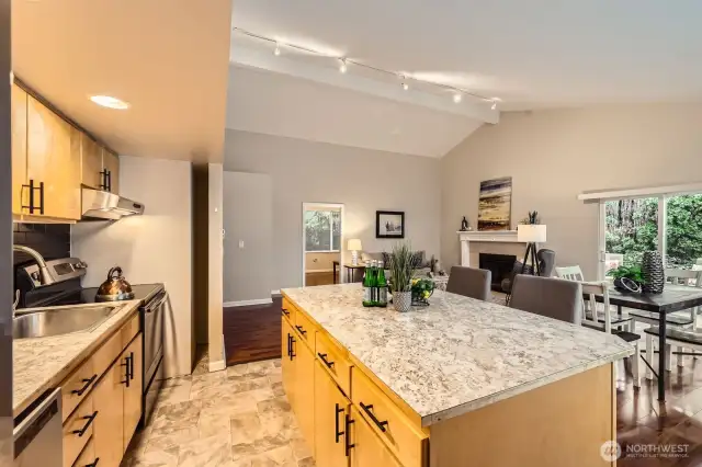 Kitchen looking to living area and dinning