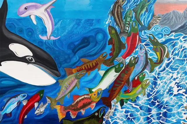 What creative design including salmon spawning.