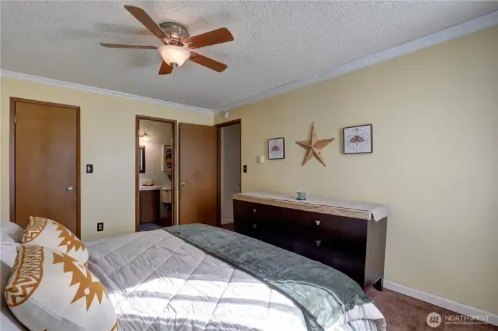 2nd view from of the Primary bedroom with ensuite and crown molding