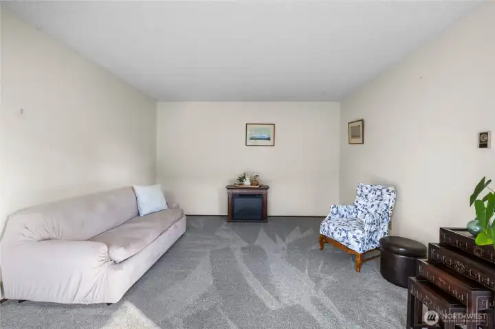 Alternate view of the living room layout and natural light.