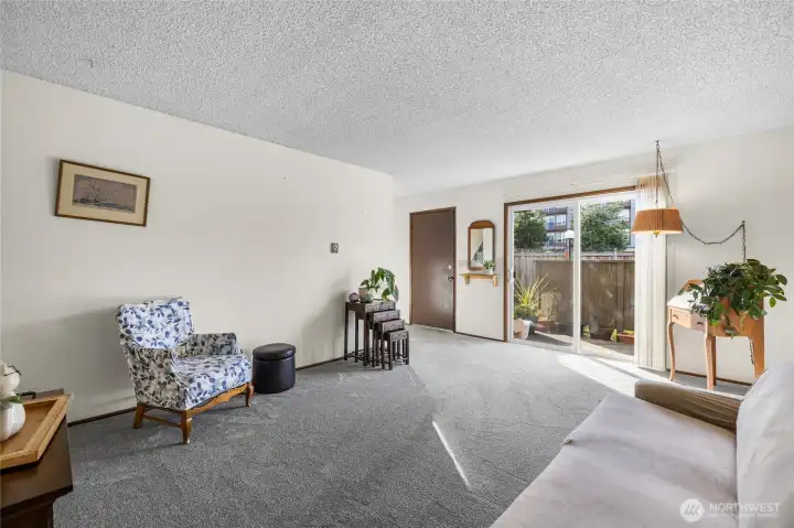 View from the opposite corner showing the entry door and sliding doors to the patio.