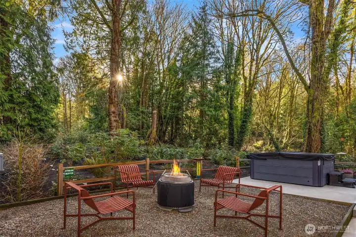 Unwind by the outdoor fireplace.