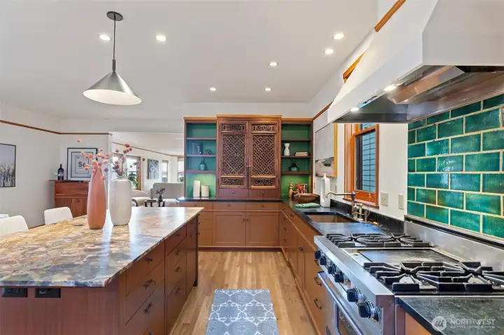 Kitchen has Italian marble, soapstone, and designer tile work. Kitchen has Italian marble, soapstone, and designer tile work.