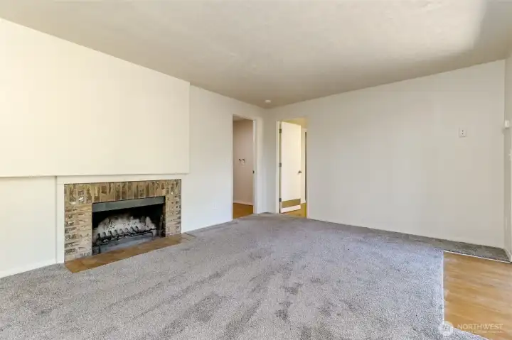 Family Room wood burning fireplace.