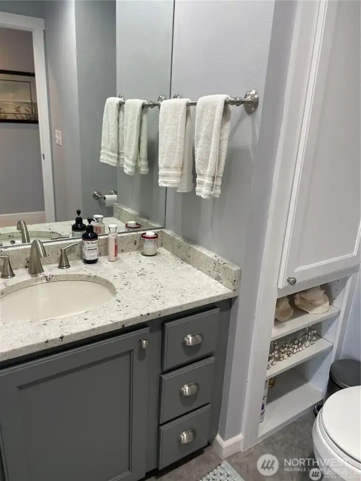 The guest bathroom is a full bathroom with tub and shower and holds beautiful cabinets like those in the kitchen