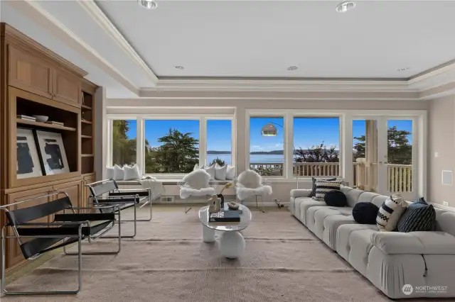 Expansive lower level family room with views of the lake.