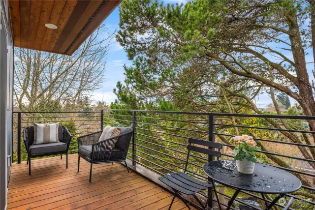 The covered deck off the primary with cedar decking and cedar soffits looks westward.