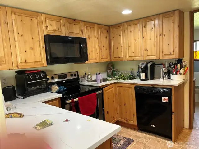 kitchen has a buildin microwave, diswasher and glass top stove