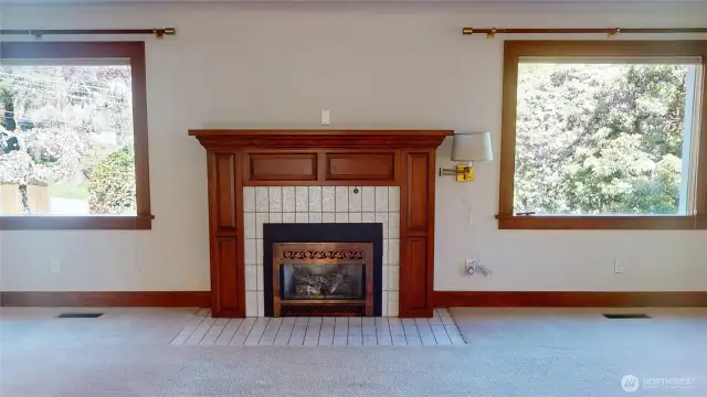 Gas fireplace in the living room warms the space