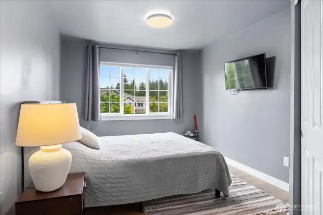 Bedroom #4 faces West with LVP flooring, custom light fixture, custom closet, and room darkening blinds.