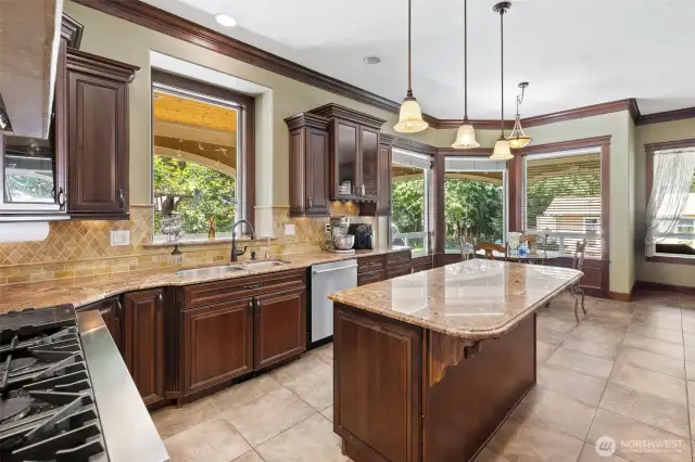 Newer 8-burner Forno double oven, Granite and Travertine Counters and backsplash... all beautifully trimmed out.  Wonderful pantry