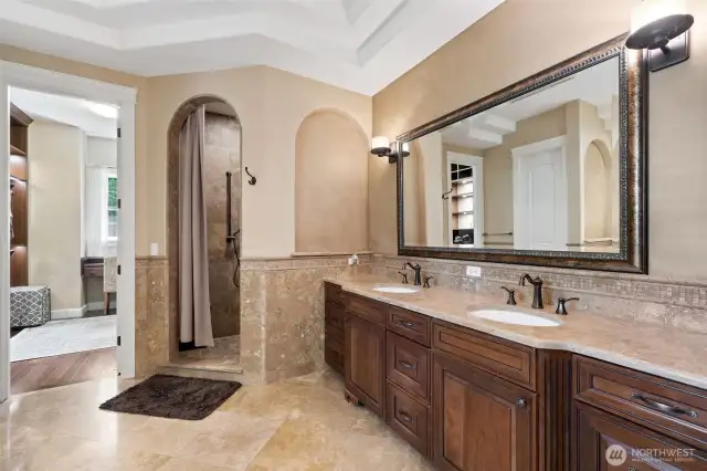 Sumptuous Primary Bathroom with Jetted Tub, Walk-in Shower with Travertine, Dual Shower heads... so nice!