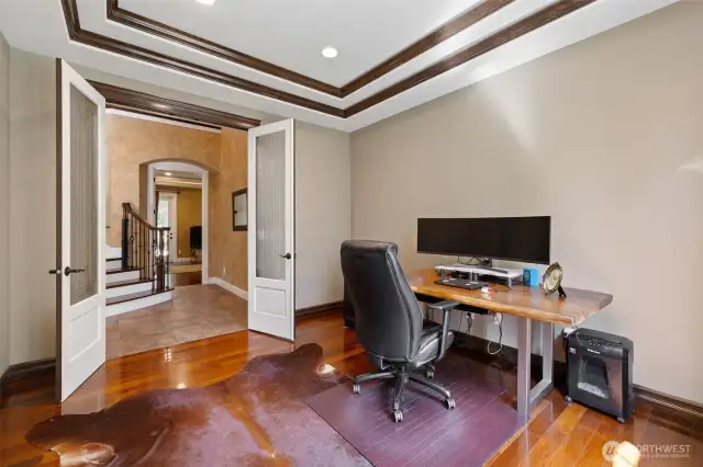 Main floor spacious Den with high ceilings. French doors with glass and double coffered ceilings.