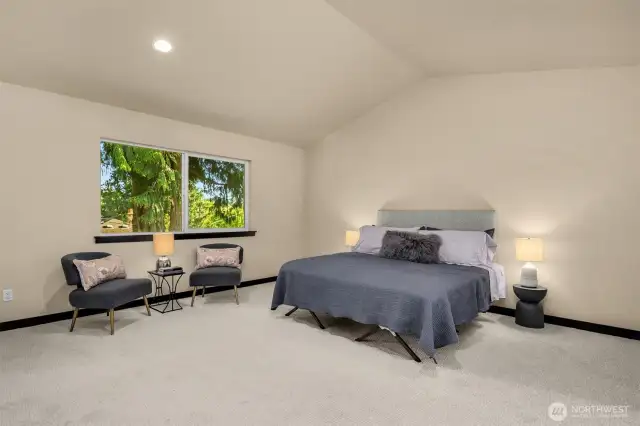 Spacious primary suite with vaulted ceilings.