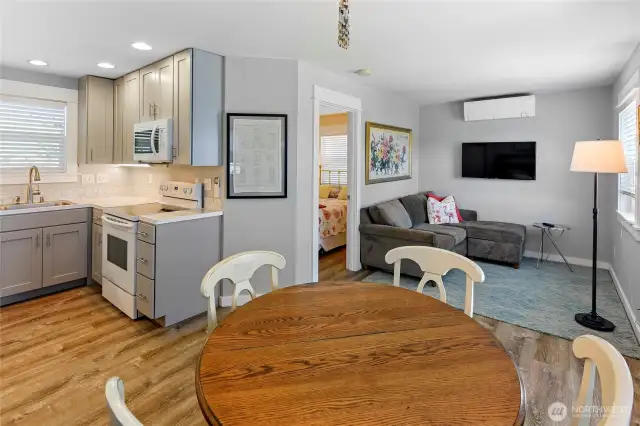 The layout is cozy, yet efficient.  Mitsubishi Split and Ceiling Fan for winter and summer comfort.