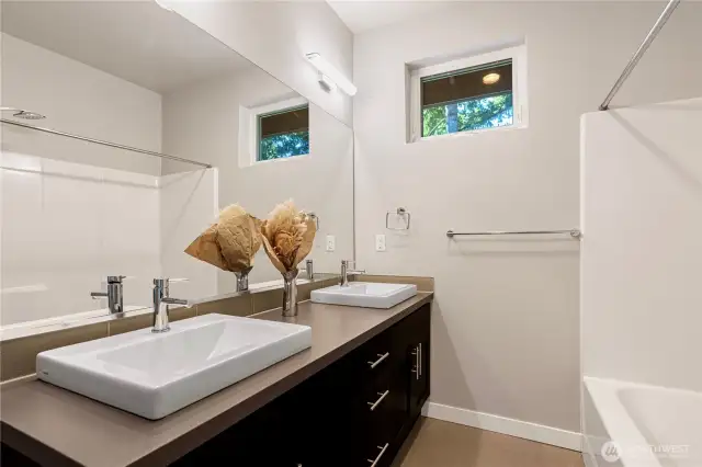 double sink and shower with bathtub