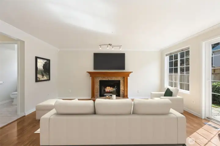 Family room with fireplace.