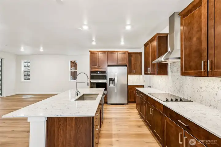 Full quarts countertops with cabinet and ceiling full-height backsplash