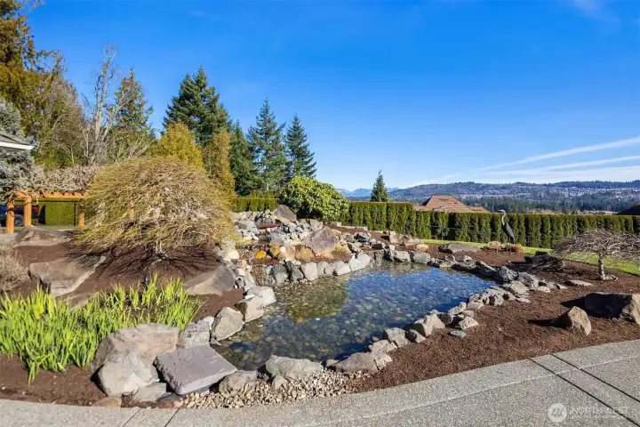 Backyard water feature with waterfall and pond surrounded by well-maintained landscape.