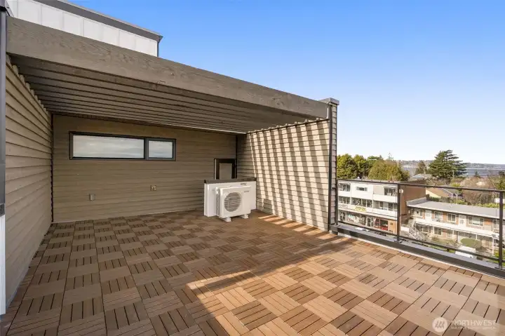Rooftop entertaining space with ample room for seating and greenery.