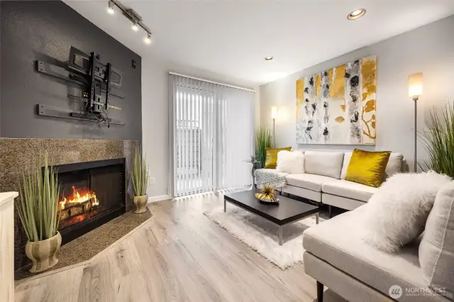 Living room w/ wood fireplace