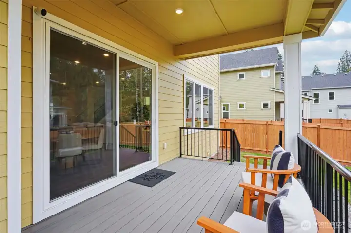 Large, covered deck with a gas hook up for your BBQ.