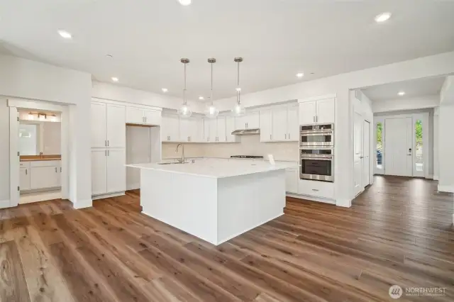 That island... Perfect for gatherings and has useful drawers/cabs too.  The quarts slab is stunning, single basin sink, garbage disposal, pop up outlet in island & Moen faucet.
