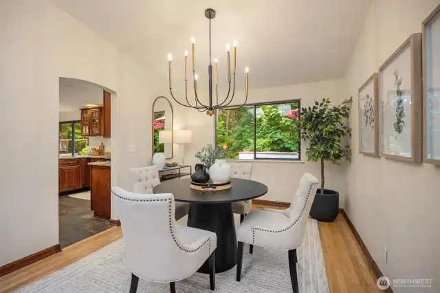 Dining room with updated light fixture.