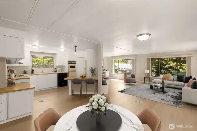 Virtual staged living room and kitchen.