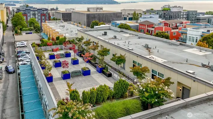 Aerial view of rooftop to building.