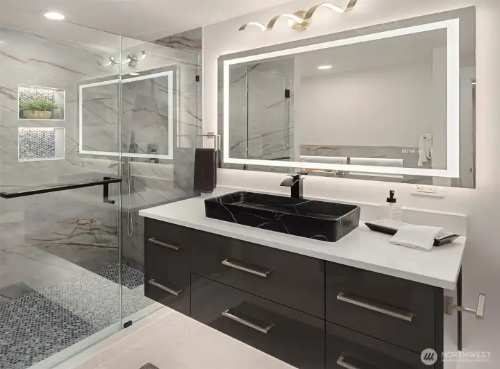 The Primary Bath - Notice the LED Backlit Mirrors - they even have a de-fogging feature!