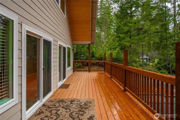 Middle level deck with sliding glass doors to living room and primary bedroom.