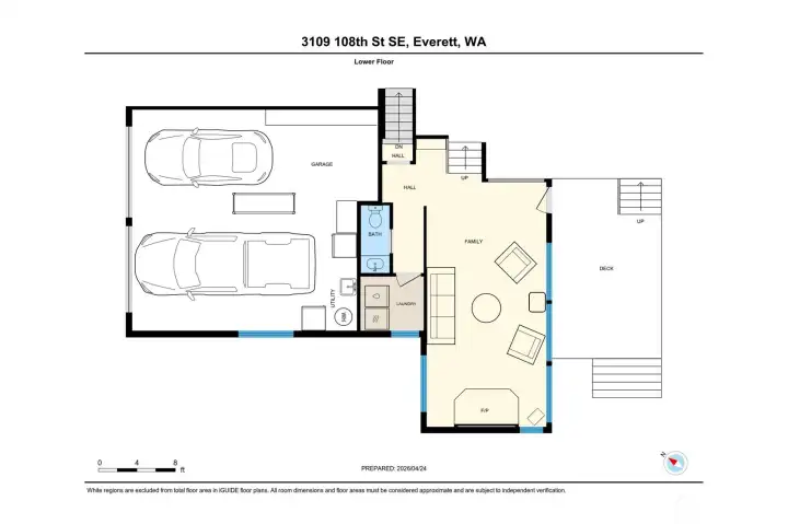 Family room level with entry to garage, half bath and laundry area. Access to deck from main level and this level of home.