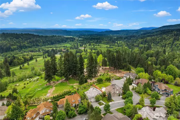 Aerial photo shows more Cascade views and views down into the Snoqualmie Valley.  It also shows off the wide streets and sidewalks in the Aldarra Estates community.