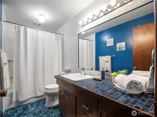 Beautiful blue custom tiles in the hall bathroom.