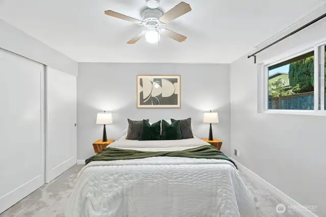 Ample closet space and a ceiling fan for great air circulation