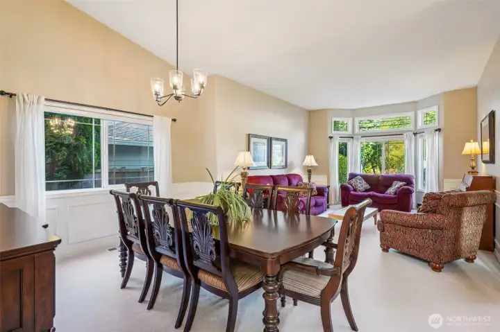 The generous dining room easily accommodates seating for larger gatherings.