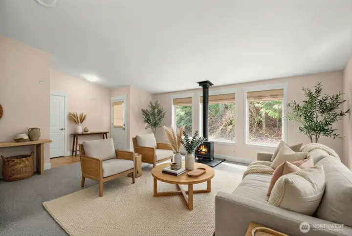 A virtually staged representation of the space. So many options for furniture layout - you can truly make this space into whatever you'd like.