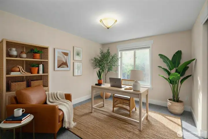Virtual representation of how this space can be utilized - in this case a fantastic home office set up flooded with light. Easy access off hallway to bathroom and front entry would make this an ideal office set up, bedroom, or whatever you would like.