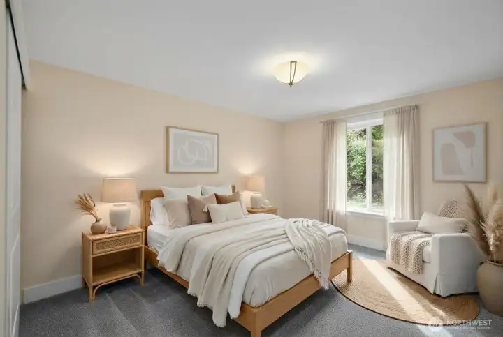 Virtual representation of bedroom number two staged as a guest room. Fantastic natural light and plenty of space.