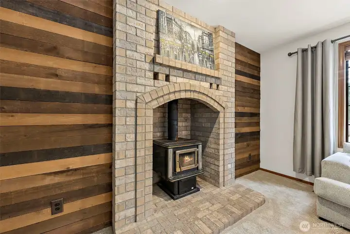 Cozy wood stove really heats up the home on cold PNW days