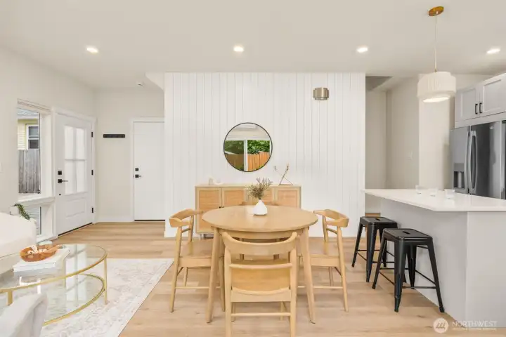 Custom feature paneled wall. Engineered hardwood. Custom feature paneled wall. Engineered hardwood.