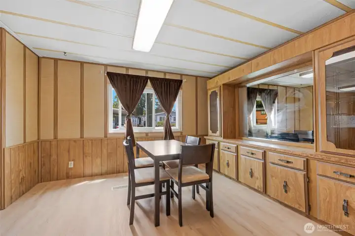 Dining rm has a built in hutch and can easily hold a long dining table for get togethers. Dining rm has a built in hutch and can easily hold a long dining table for get togethers.
