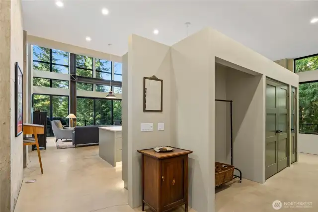 Open concept utilizing all space with storage on the back side of the kitchen.