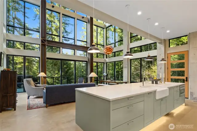 True wall of windows, 34 ft from floor to ceiling.