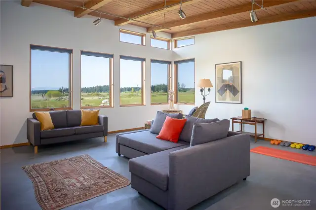 Plenty of room in the den for movies, TV and exercise.