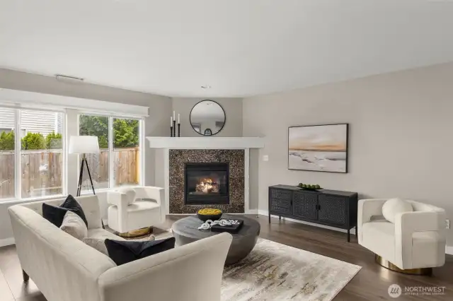 Another view of the living room shows the fireplace you can cozy up to in the Pacific Northwest winters.