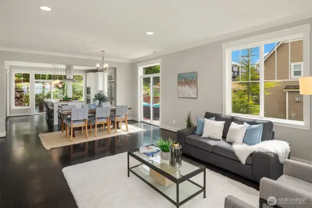 Living room, dining, and kitchen